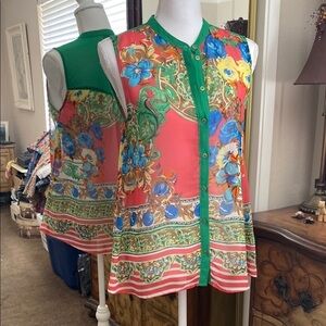 Pink Graphic Blouse with Mandarin Collar-Size M